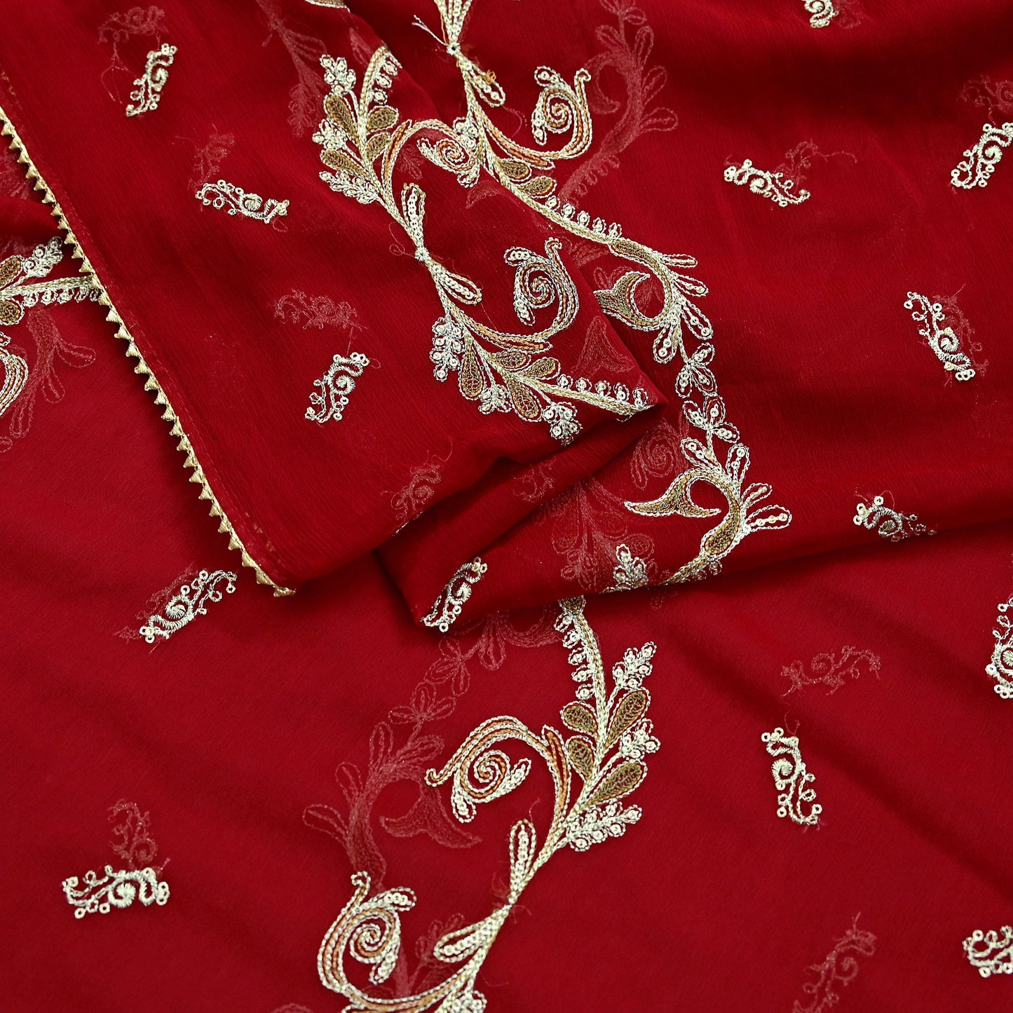 Red Chiffon Dupatta: Vintage Indian Embroidered Stole with Zari