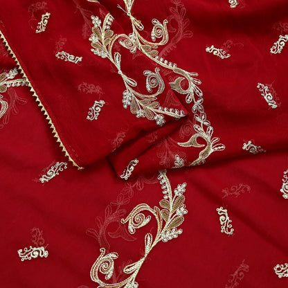 Red Chiffon Dupatta: Vintage Indian Embroidered Stole with Zari