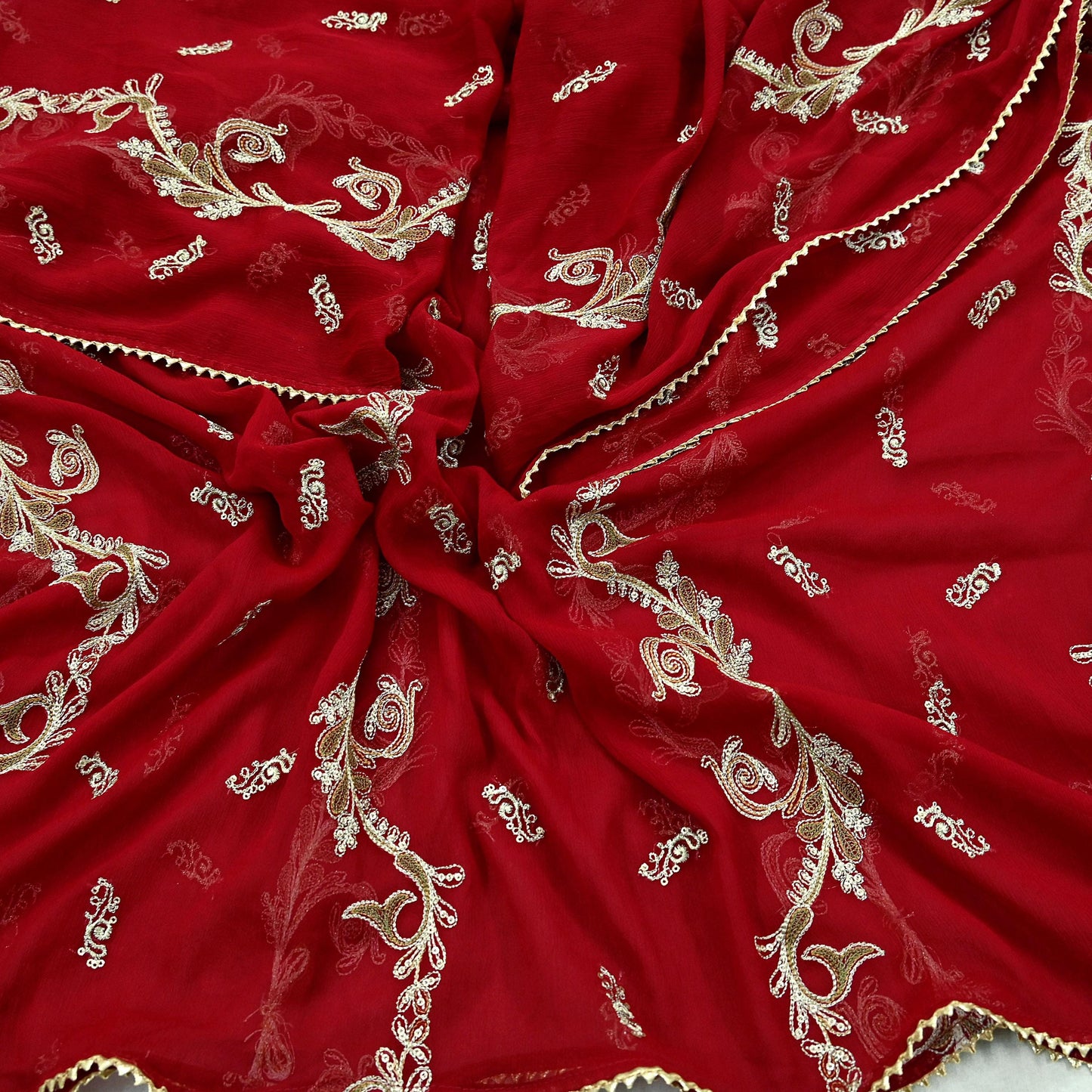Red Chiffon Dupatta: Vintage Indian Embroidered Stole with Zari