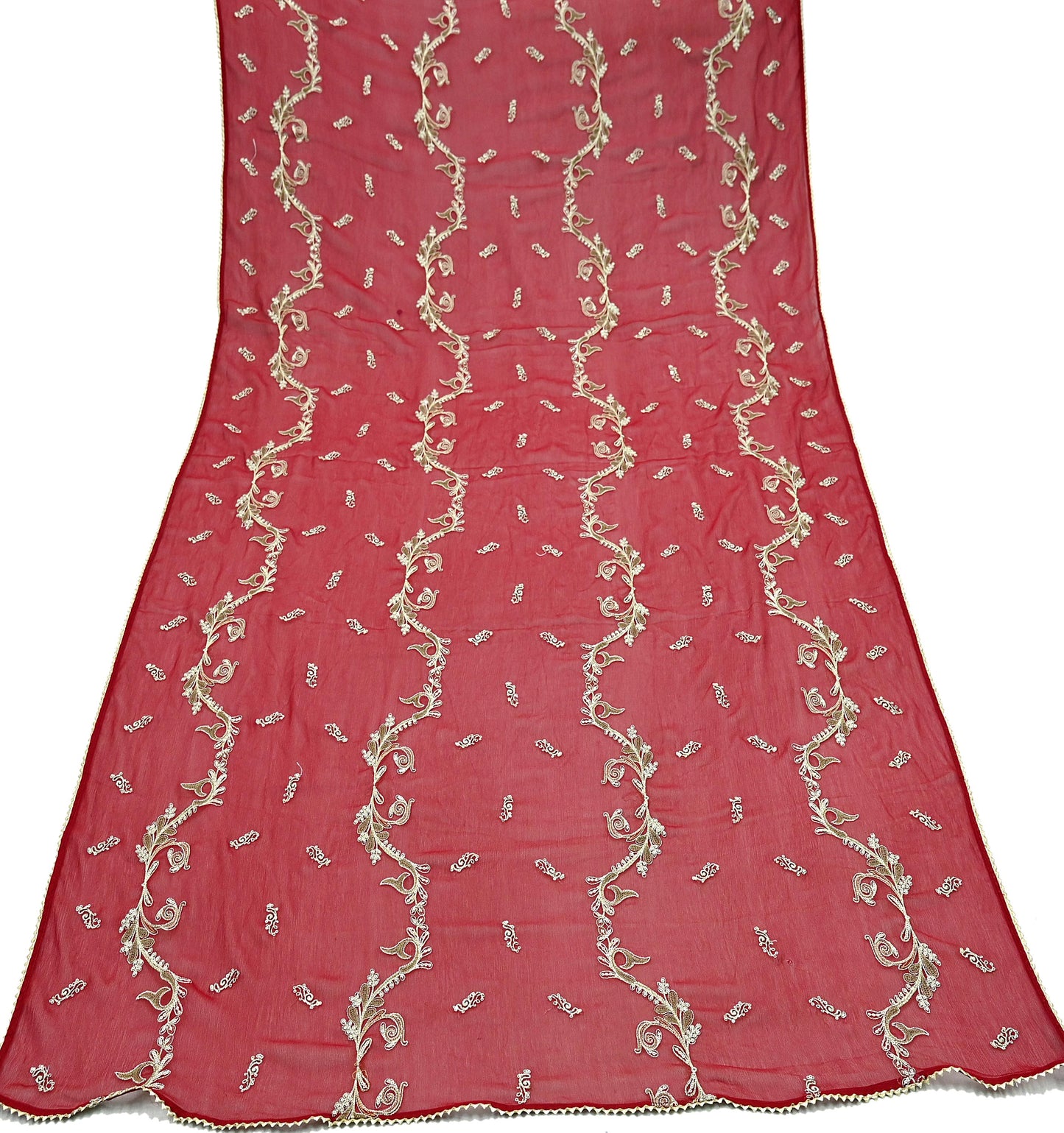 Red Chiffon Dupatta: Vintage Indian Embroidered Stole with Zari