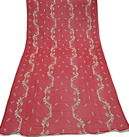 Red Chiffon Dupatta: Vintage Indian Embroidered Stole with Zari