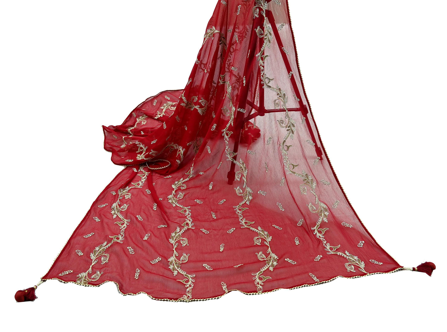 Red Chiffon Dupatta: Vintage Indian Embroidered Stole with Zari