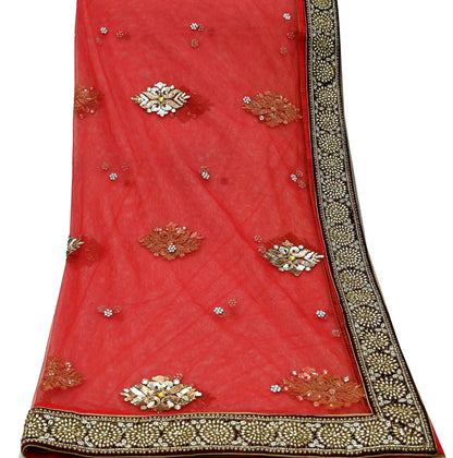 Indian Vintage Heavy Bridal Red Dupatta Net Mesh Long Stole Hand Embroidered Scarves Golden Zardozi Dabka Zari Sequins Wedding Veil Hijab