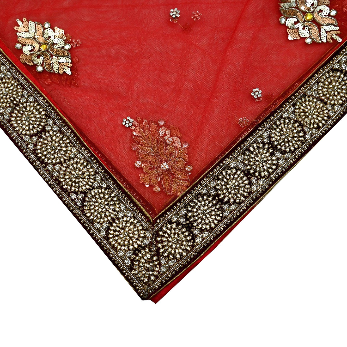Indian Vintage Heavy Bridal Red Dupatta Net Mesh Long Stole Hand Embroidered Scarves Golden Zardozi Dabka Zari Sequins Wedding Veil Hijab