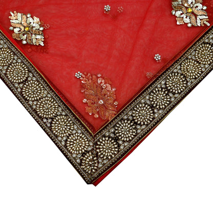 Indian Vintage Heavy Bridal Red Dupatta Net Mesh Long Stole Hand Embroidered Scarves Golden Zardozi Dabka Zari Sequins Wedding Veil Hijab