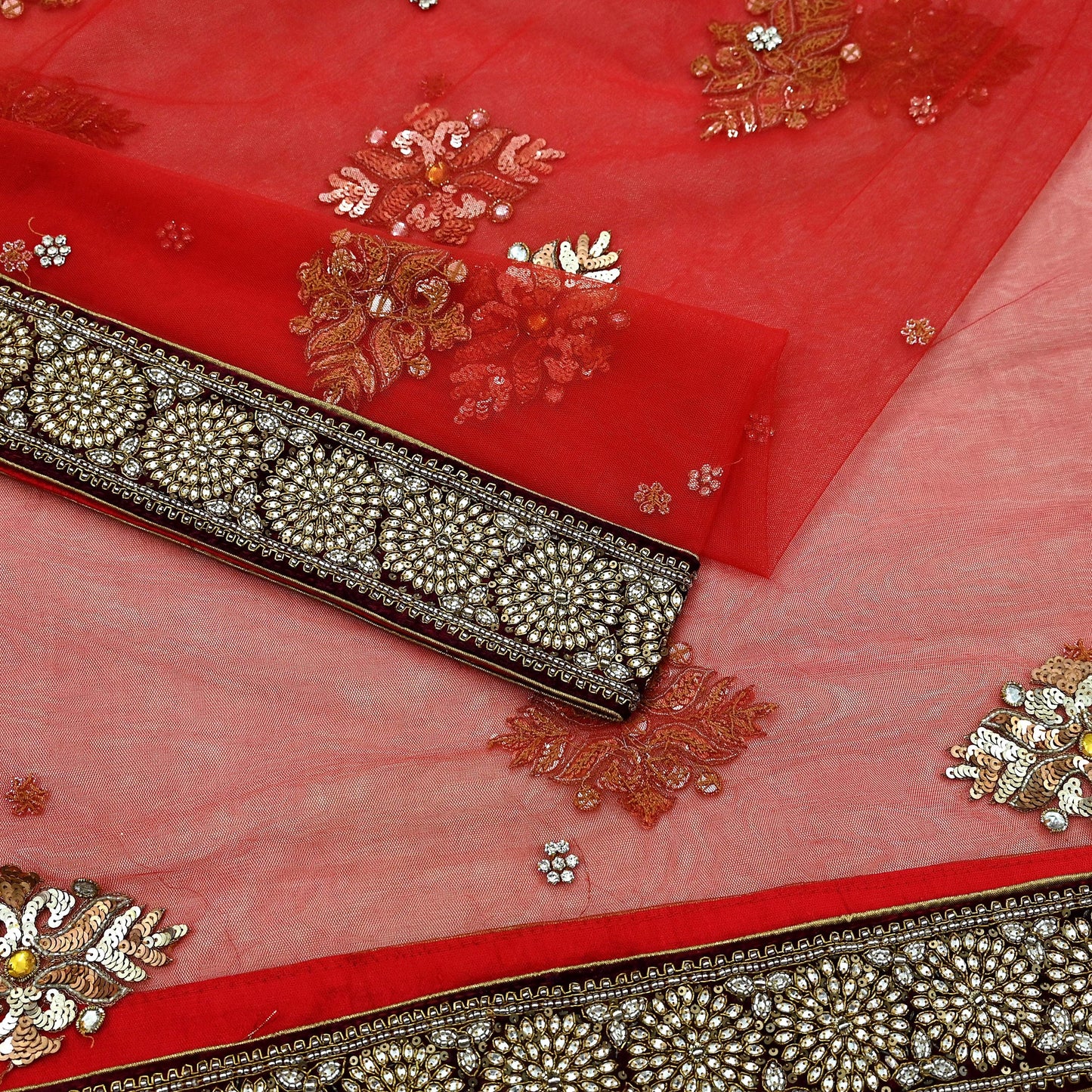 Indian Vintage Heavy Bridal Red Dupatta Net Mesh Long Stole Hand Embroidered Scarves Golden Zardozi Dabka Zari Sequins Wedding Veil Hijab