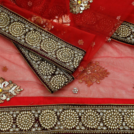 Indian Vintage Heavy Bridal Red Dupatta Net Mesh Long Stole Hand Embroidered Scarves Golden Zardozi Dabka Zari Sequins Wedding Veil Hijab