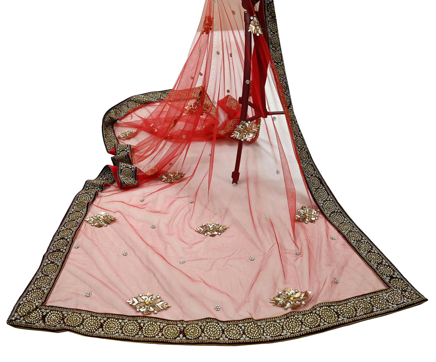 Indian Vintage Heavy Bridal Red Dupatta Net Mesh Long Stole Hand Embroidered Scarves Golden Zardozi Dabka Zari Sequins Wedding Veil Hijab