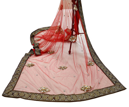 Indian Vintage Heavy Bridal Red Dupatta Net Mesh Long Stole Hand Embroidered Scarves Golden Zardozi Dabka Zari Sequins Wedding Veil Hijab