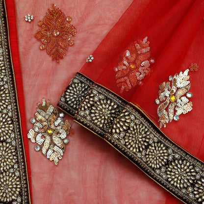 Indian Vintage Heavy Bridal Red Dupatta Net Mesh Long Stole Hand Embroidered Scarves Golden Zardozi Dabka Zari Sequins Wedding Veil Hijab