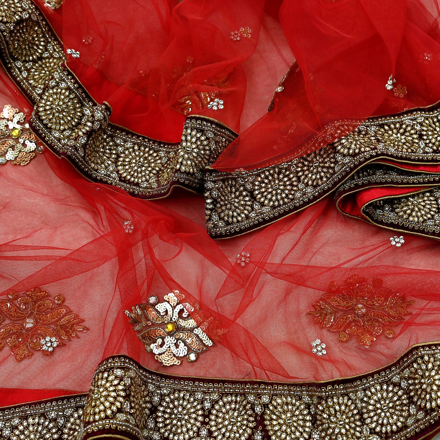 Indian Vintage Heavy Bridal Red Dupatta Net Mesh Long Stole Hand Embroidered Scarves Golden Zardozi Dabka Zari Sequins Wedding Veil Hijab