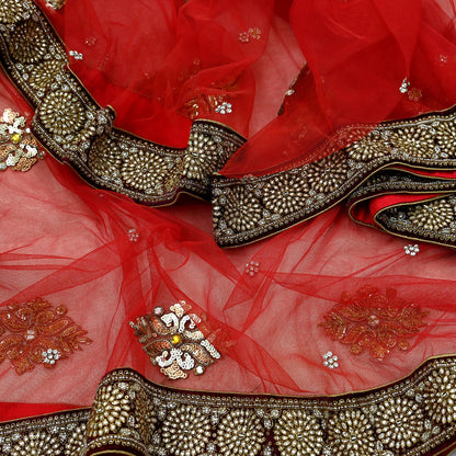 Indian Vintage Heavy Bridal Red Dupatta Net Mesh Long Stole Hand Embroidered Scarves Golden Zardozi Dabka Zari Sequins Wedding Veil Hijab