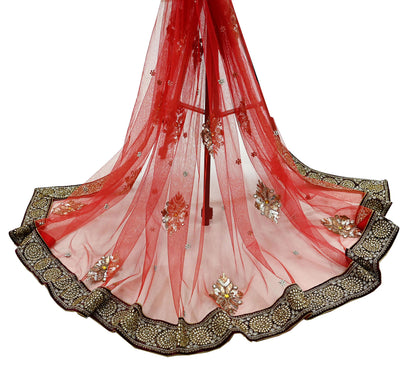 Indian Vintage Heavy Bridal Red Dupatta Net Mesh Long Stole Hand Embroidered Scarves Golden Zardozi Dabka Zari Sequins Wedding Veil Hijab