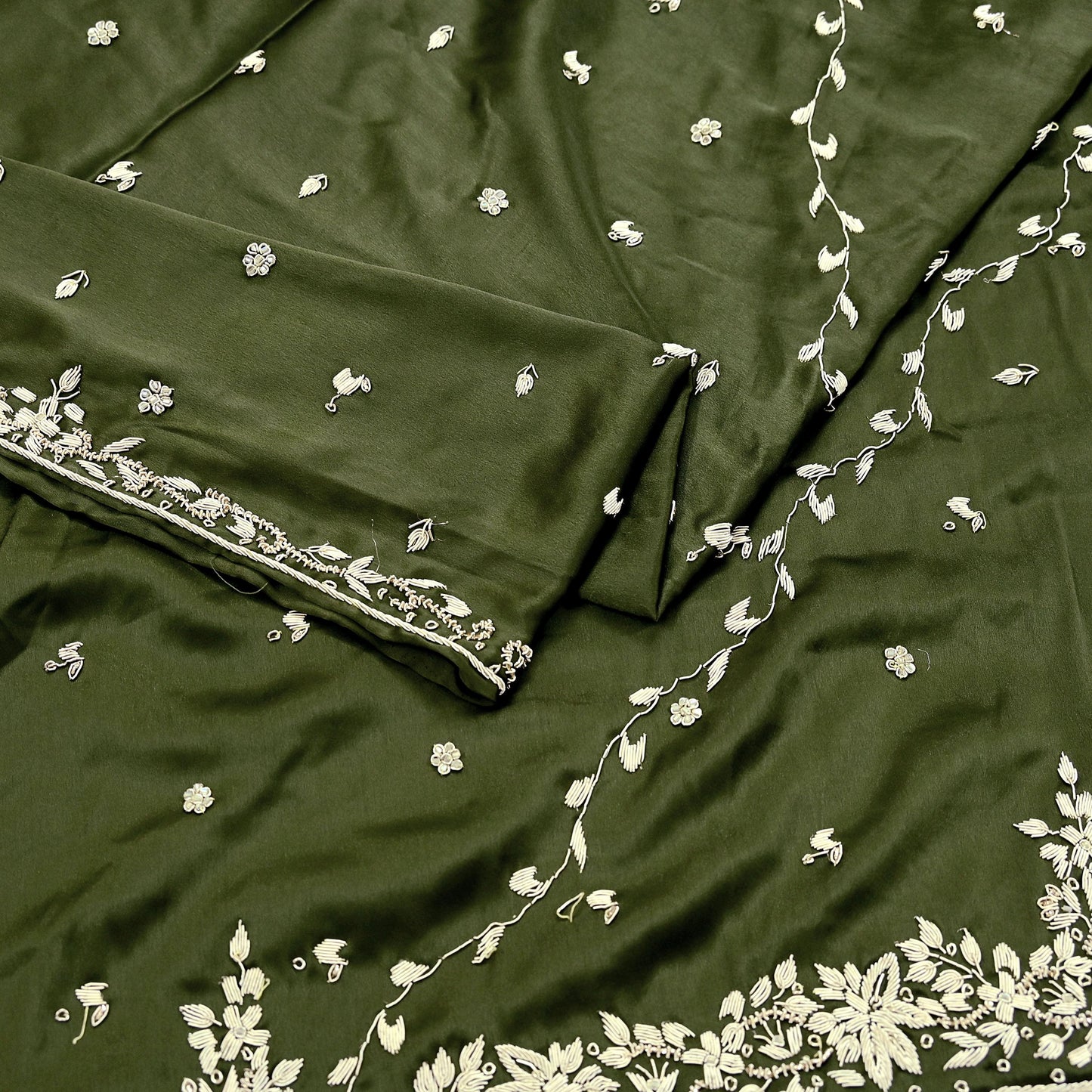 Hand Embroidered Green Satin Silk Dupatta: Indian Zardozi Stole