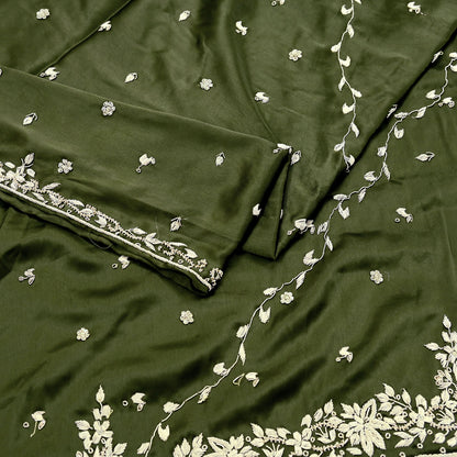 Hand Embroidered Green Satin Silk Dupatta: Indian Zardozi Stole