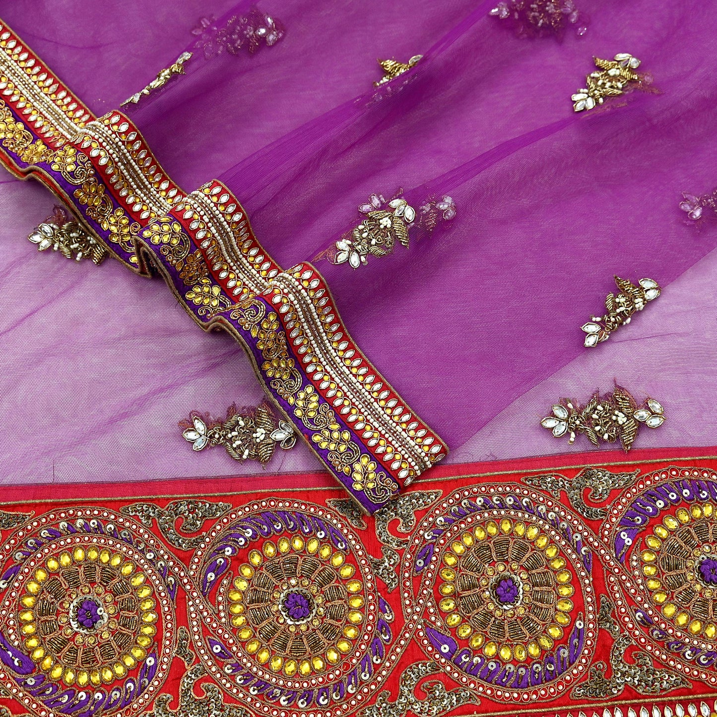 Indian Vintage Heavy Wedding Purple Net/Mesh/ Velvet Hand Embroidered Dupatta Designer By Anamika Khanna Bridal Wear Zardozi Hijab