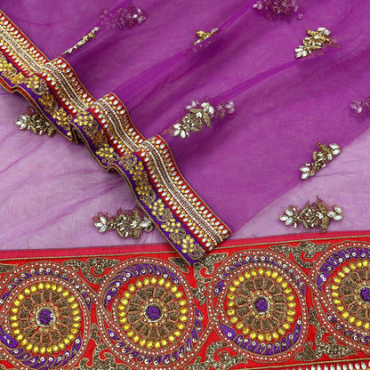Indian Vintage Heavy Wedding Purple Net/Mesh/ Velvet Hand Embroidered Dupatta Designer By Anamika Khanna Bridal Wear Zardozi Hijab