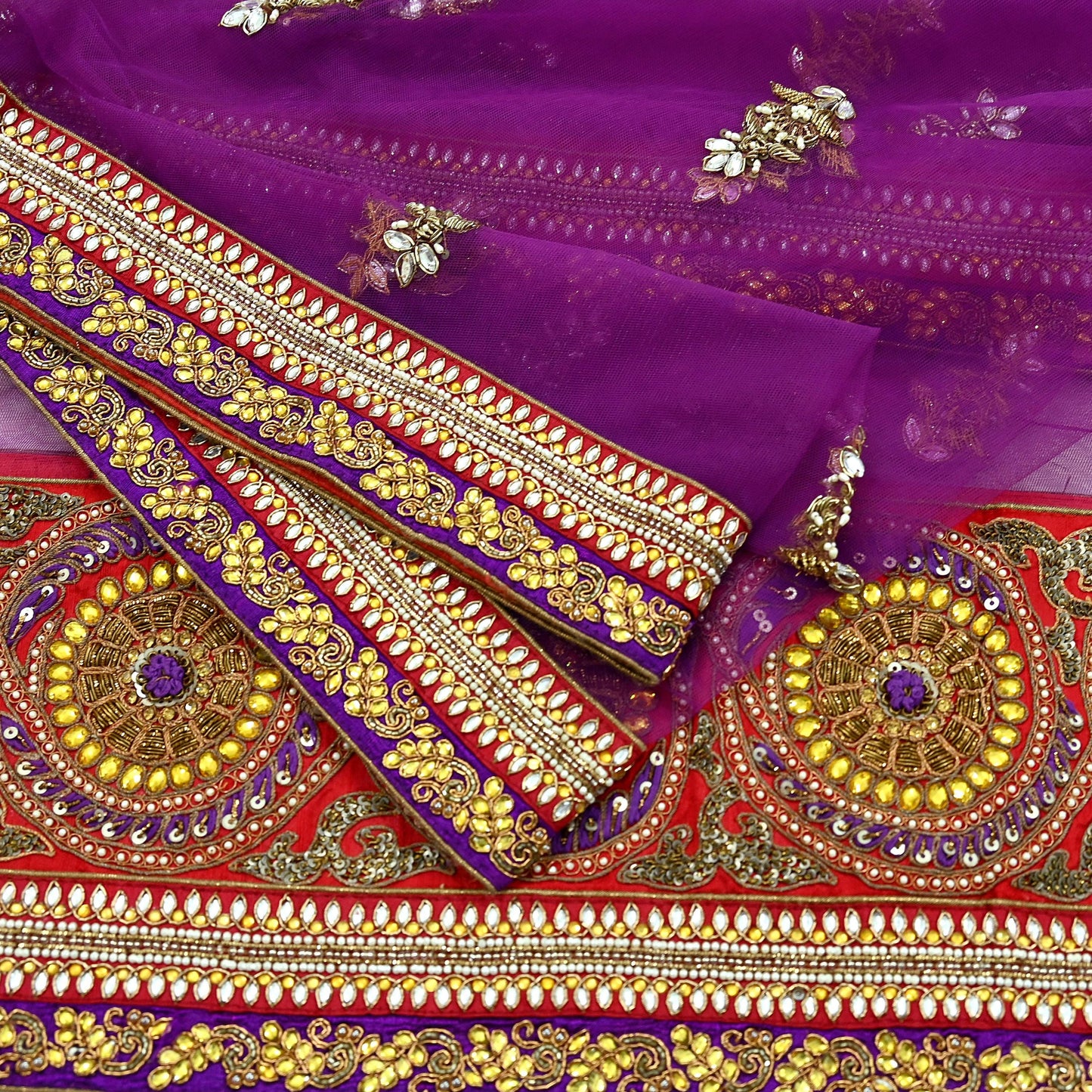 Indian Vintage Heavy Wedding Purple Net/Mesh/ Velvet Hand Embroidered Dupatta Designer By Anamika Khanna Bridal Wear Zardozi Hijab