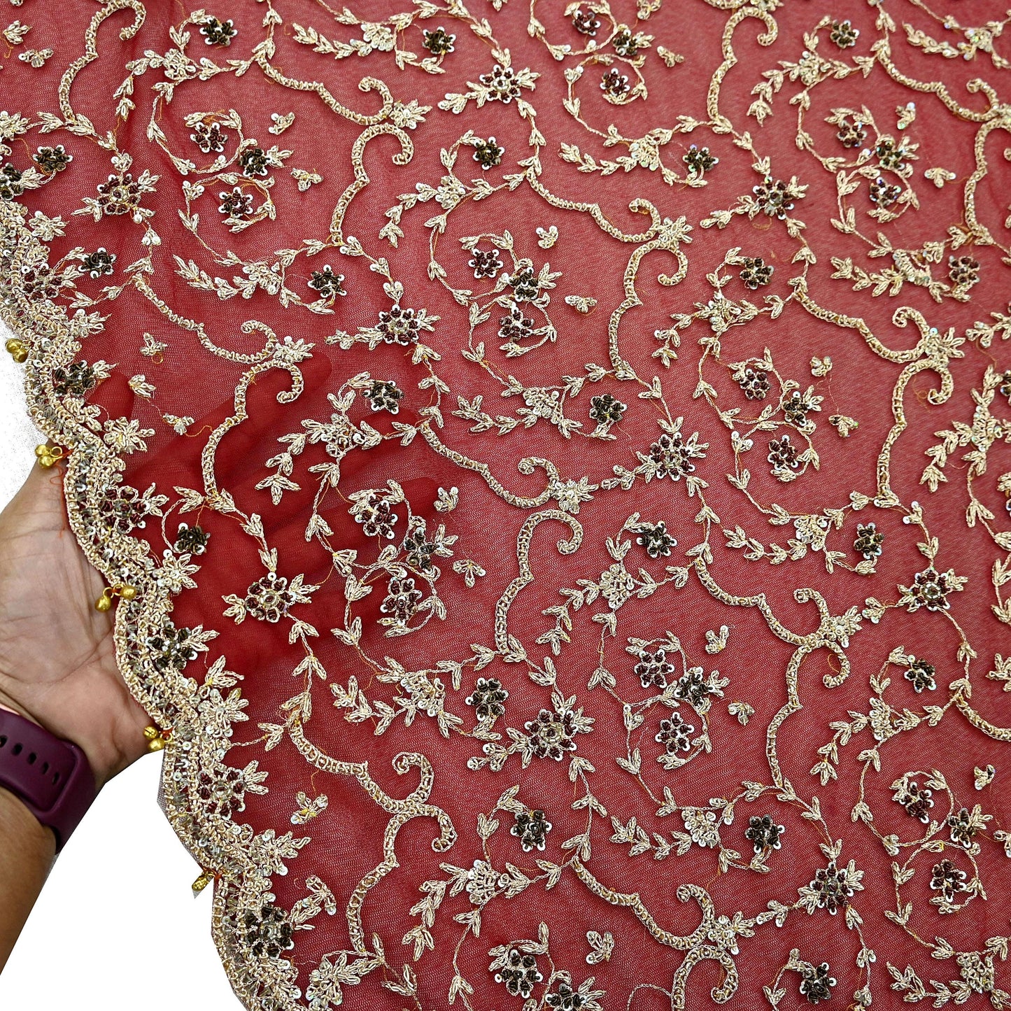Indian Vintage Heavy Bridal Red Dupatta Net Mesh Long Stole Hand Embroidered Scarves Zardozi Dabka Zari Wedding dupatta veil hijab