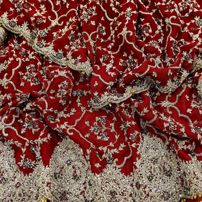 Indian Vintage Heavy Bridal Red Dupatta Net Mesh Long Stole Hand Embroidered Scarves Zardozi Dabka Zari Wedding dupatta veil hijab