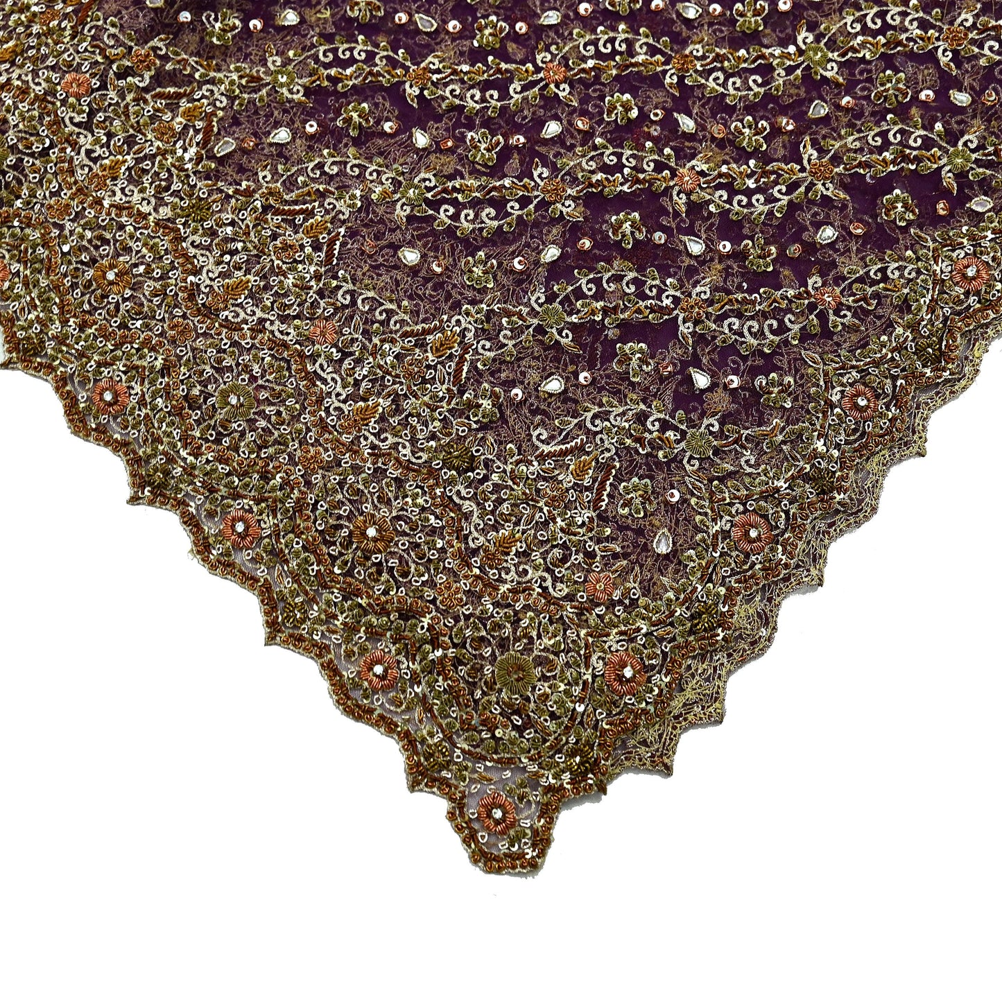 Hand Embroidered Purple Net Dupatta: Vintage Indian Zardozi Stole