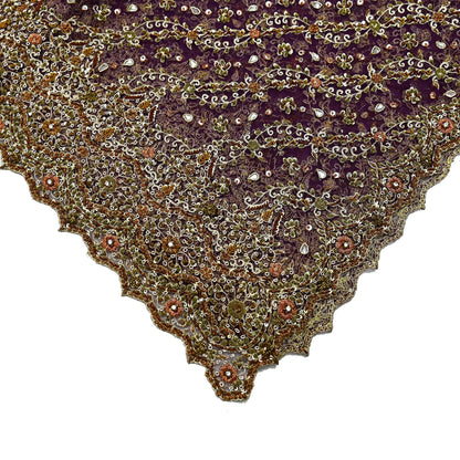 Hand Embroidered Purple Net Dupatta: Vintage Indian Zardozi Stole