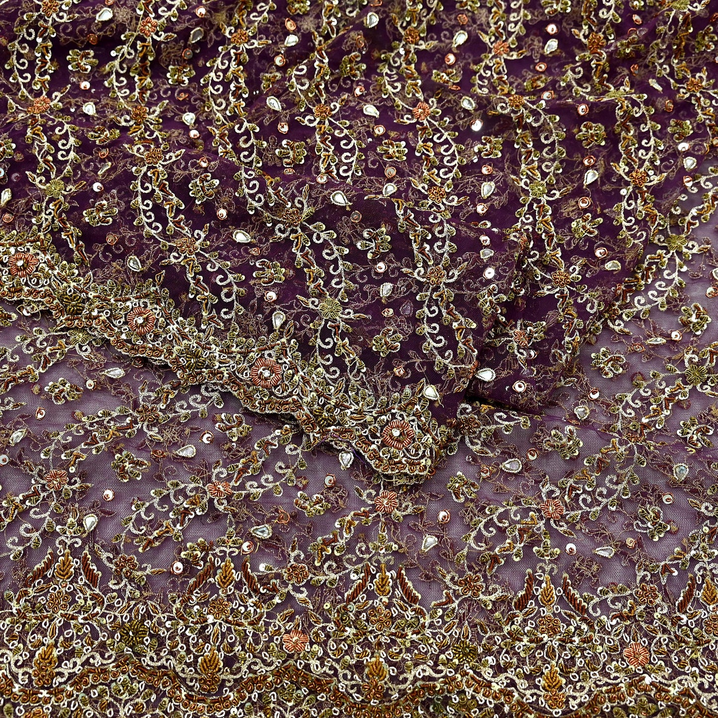 Hand Embroidered Purple Net Dupatta: Vintage Indian Zardozi Stole