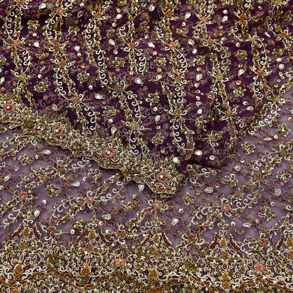 Hand Embroidered Purple Net Dupatta: Vintage Indian Zardozi Stole