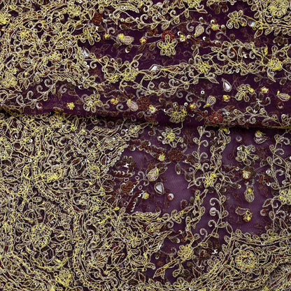 Hand Embroidered Purple Net Dupatta: Vintage Indian Zardozi Stole