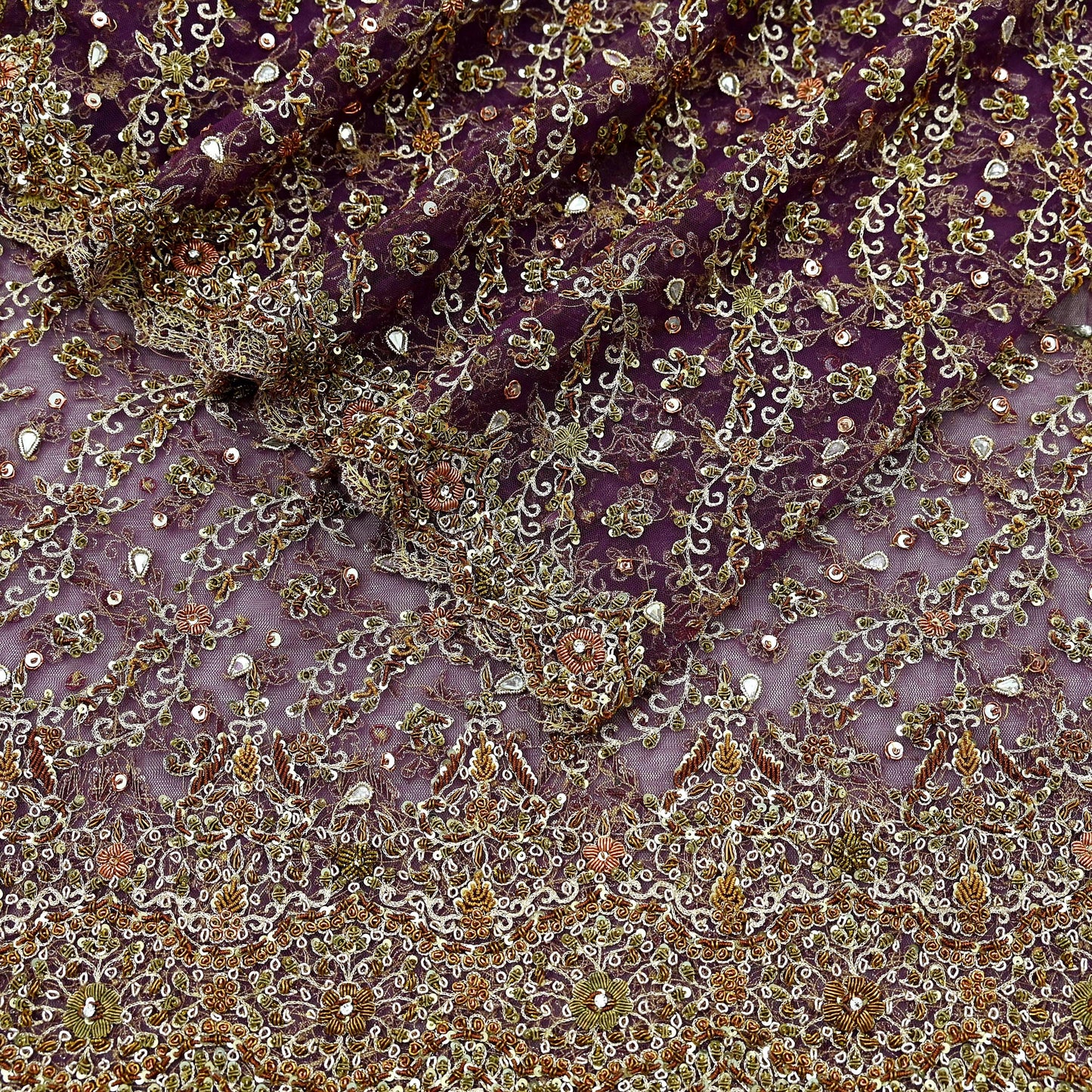 Hand Embroidered Purple Net Dupatta: Vintage Indian Zardozi Stole