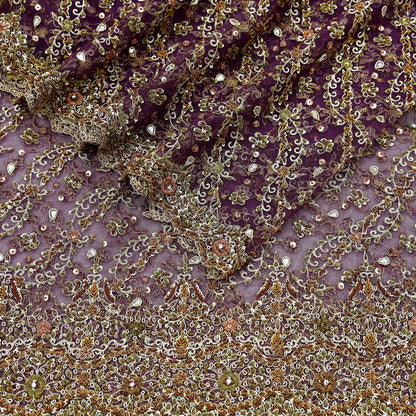 Hand Embroidered Purple Net Dupatta: Vintage Indian Zardozi Stole