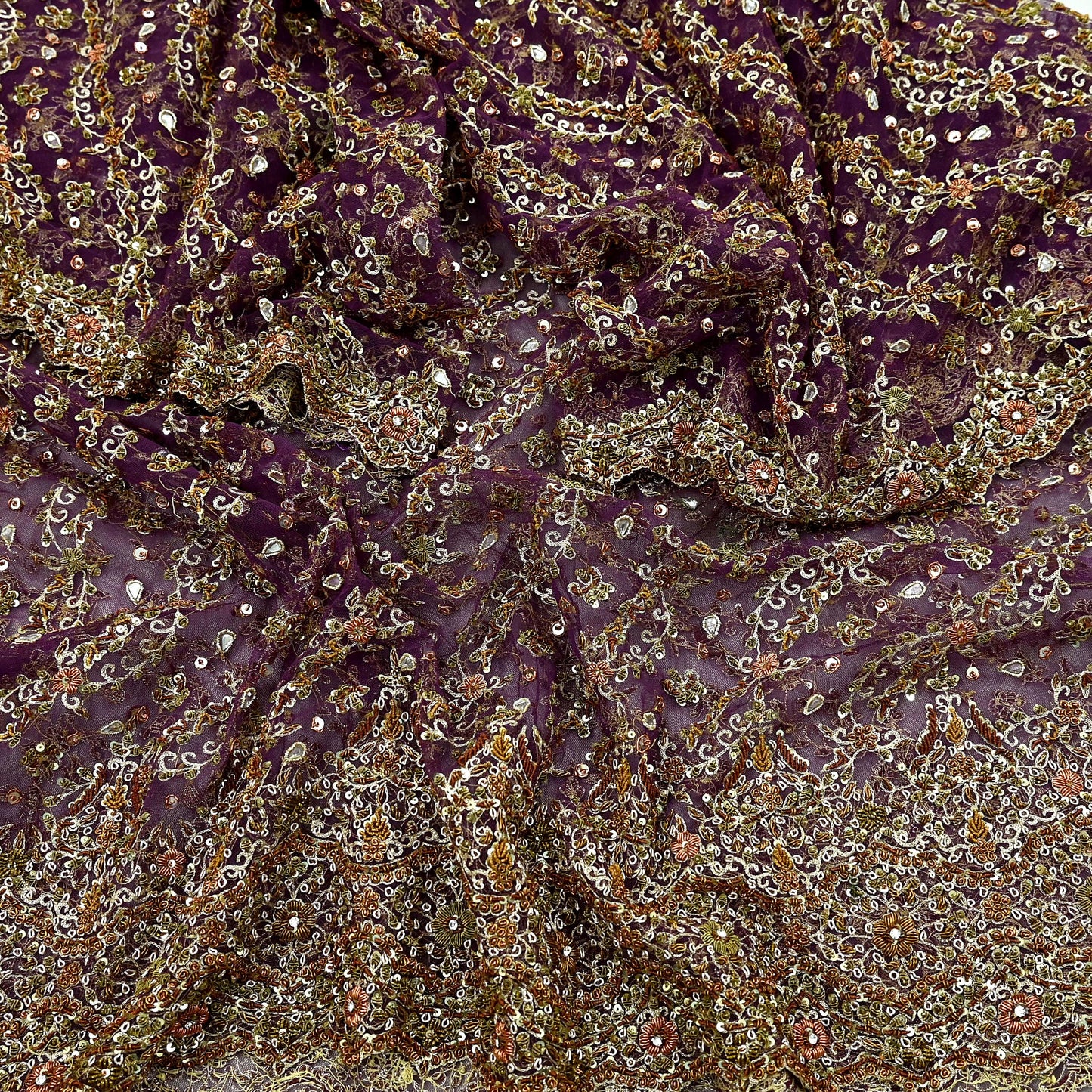 Hand Embroidered Purple Net Dupatta: Vintage Indian Zardozi Stole