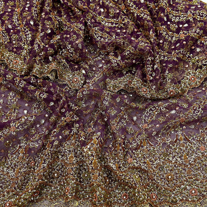 Hand Embroidered Purple Net Dupatta: Vintage Indian Zardozi Stole