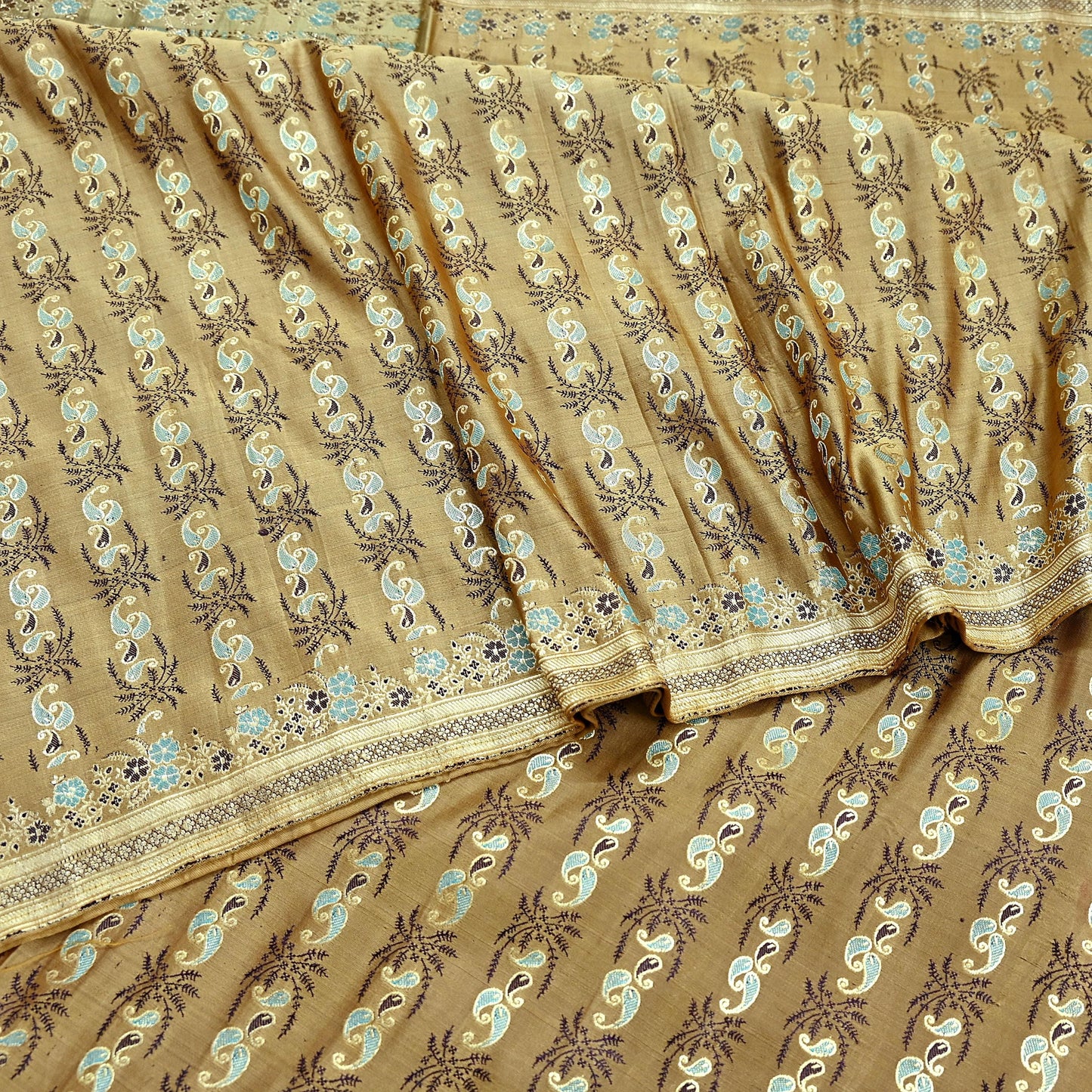 Vintage Banarasi Saree Pure Satin Silk Woven Brocade Zari Fabric Beige Maroon Heavy Craft Sari 5 Yards Indian Antique Textile Dress Making