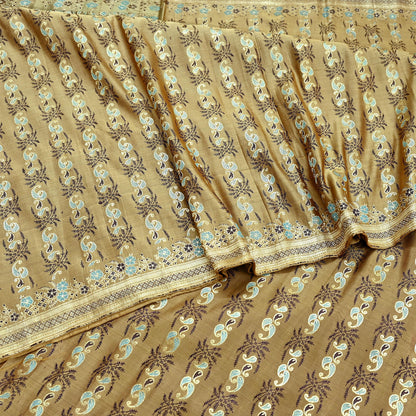 Vintage Banarasi Saree Pure Satin Silk Woven Brocade Zari Fabric Beige Maroon Heavy Craft Sari 5 Yards Indian Antique Textile Dress Making
