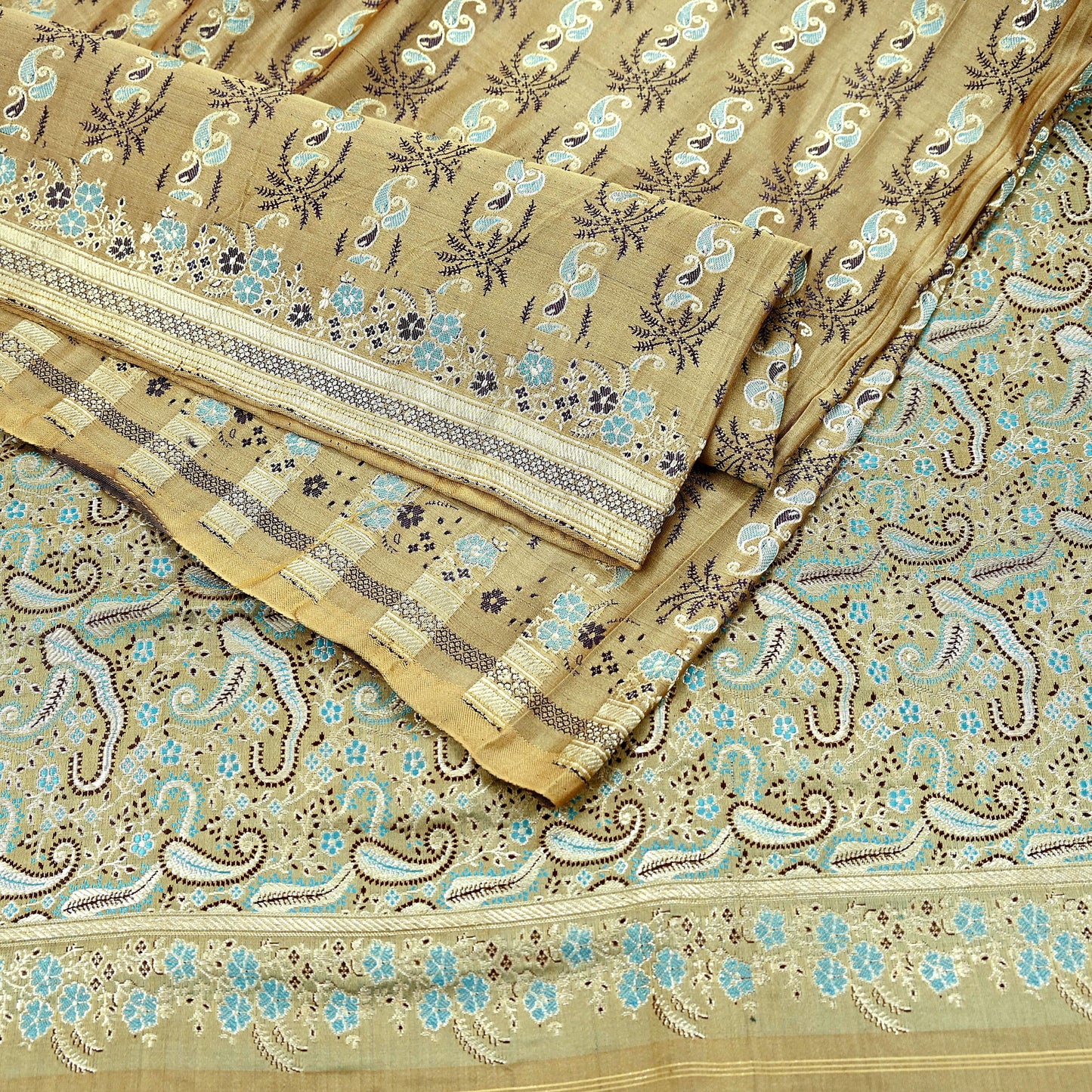 Vintage Banarasi Saree Pure Satin Silk Woven Brocade Zari Fabric Beige Maroon Heavy Craft Sari 5 Yards Indian Antique Textile Dress Making