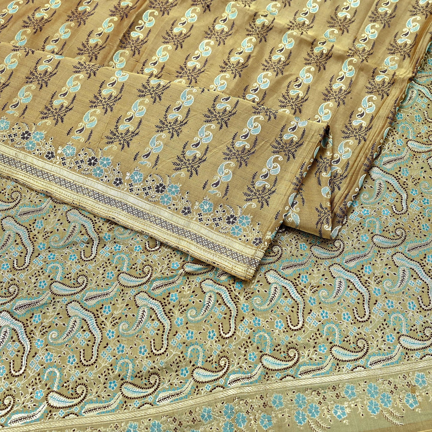 Vintage Banarasi Saree Pure Satin Silk Woven Brocade Zari Fabric Beige Maroon Heavy Craft Sari 5 Yards Indian Antique Textile Dress Making