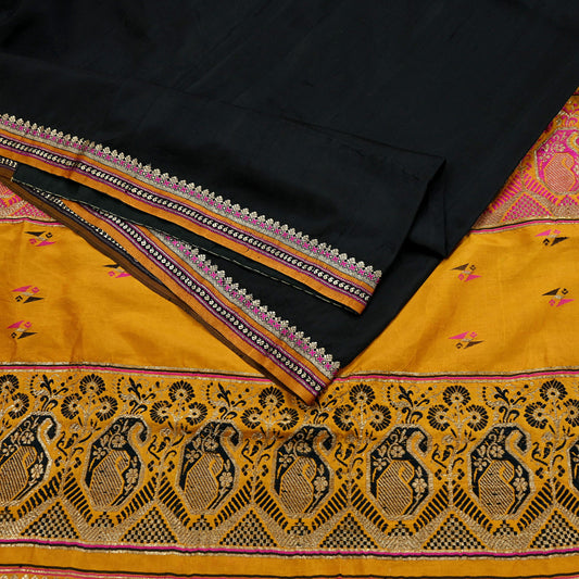 Indian Vintage Black & Mustard Hand Woven Saree 100% Pure Silk Zari 5Yd Floral Craft Fabric Quilting Dress making For Designing