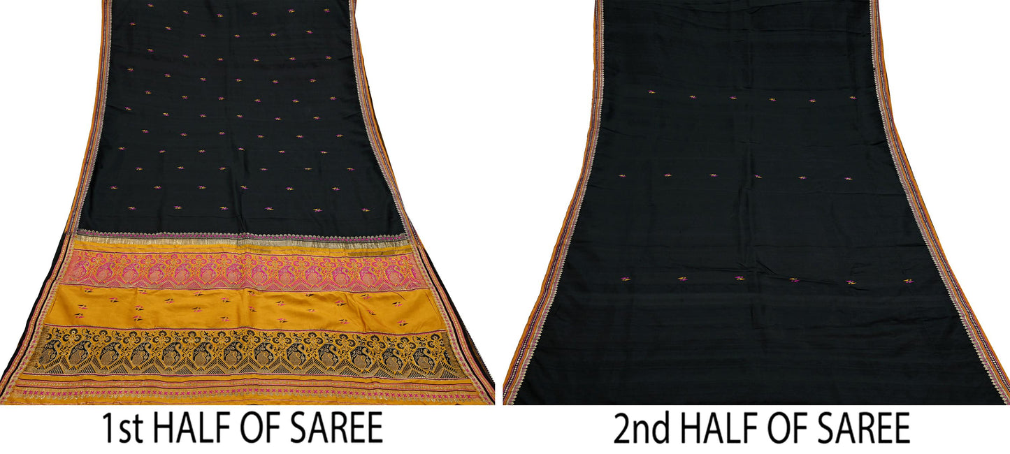 Indian Vintage Black & Mustard Hand Woven Saree 100% Pure Silk Zari 5Yd Floral Craft Fabric Quilting Dress making For Designing