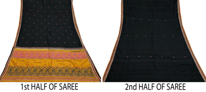Indian Vintage Black & Mustard Hand Woven Saree 100% Pure Silk Zari 5Yd Floral Craft Fabric Quilting Dress making For Designing