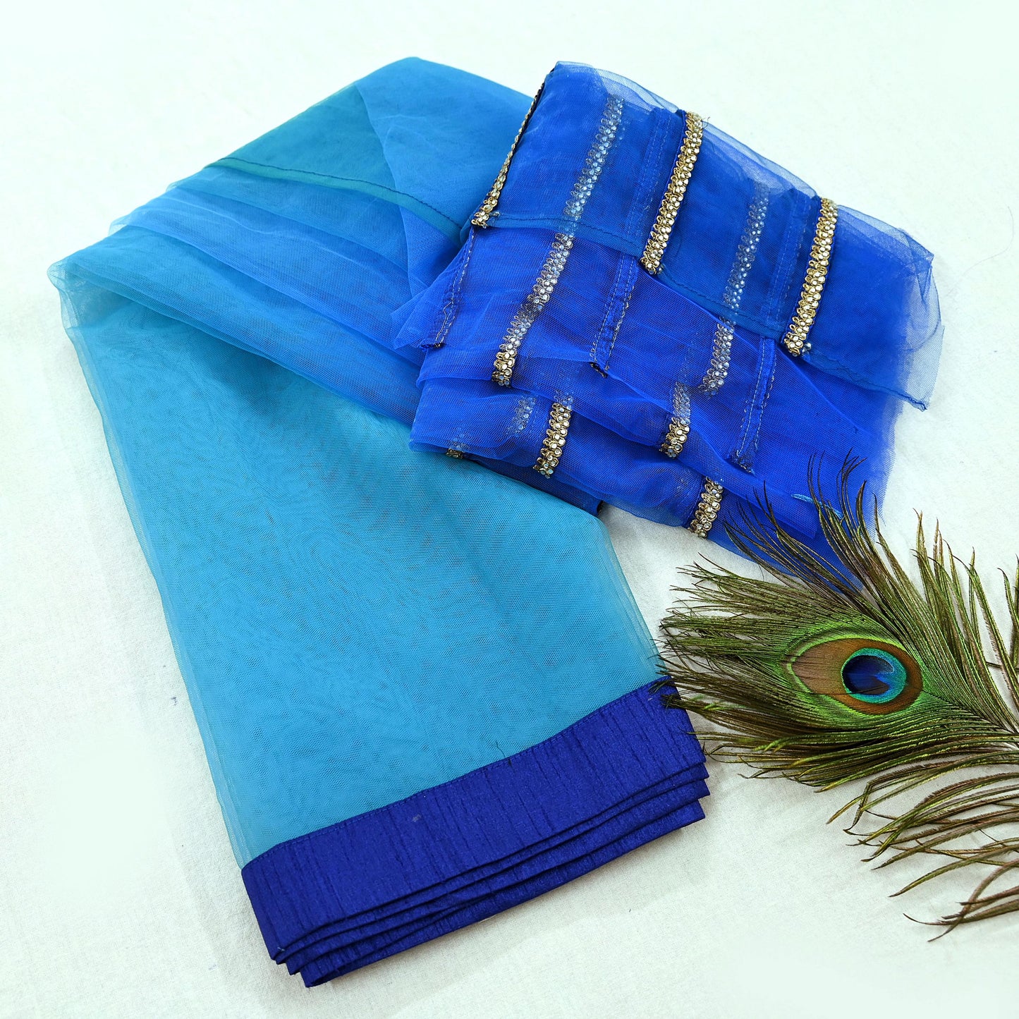 Indian Vintage Light Blue & Green Net/Mesh Design Fabric Dress Designing Sari Fabric Dressmaking For Craft Floral design 3yards