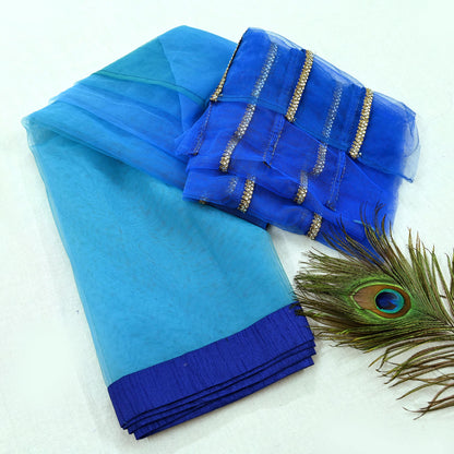 Indian Vintage Light Blue & Green Net/Mesh Design Fabric Dress Designing Sari Fabric Dressmaking For Craft Floral design 3yards