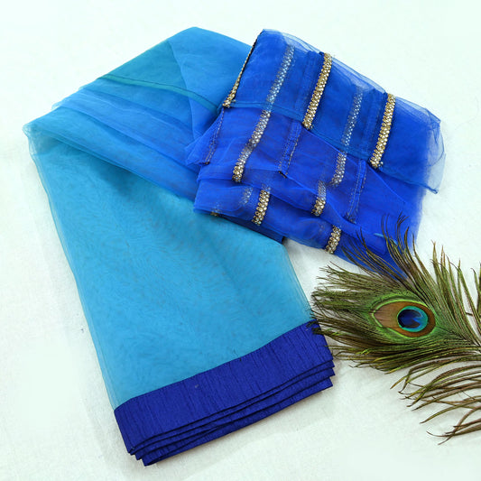 Indian Vintage Light Blue & Green Net/Mesh Design Fabric Dress Designing Sari Fabric Dressmaking For Craft Floral design 3yards