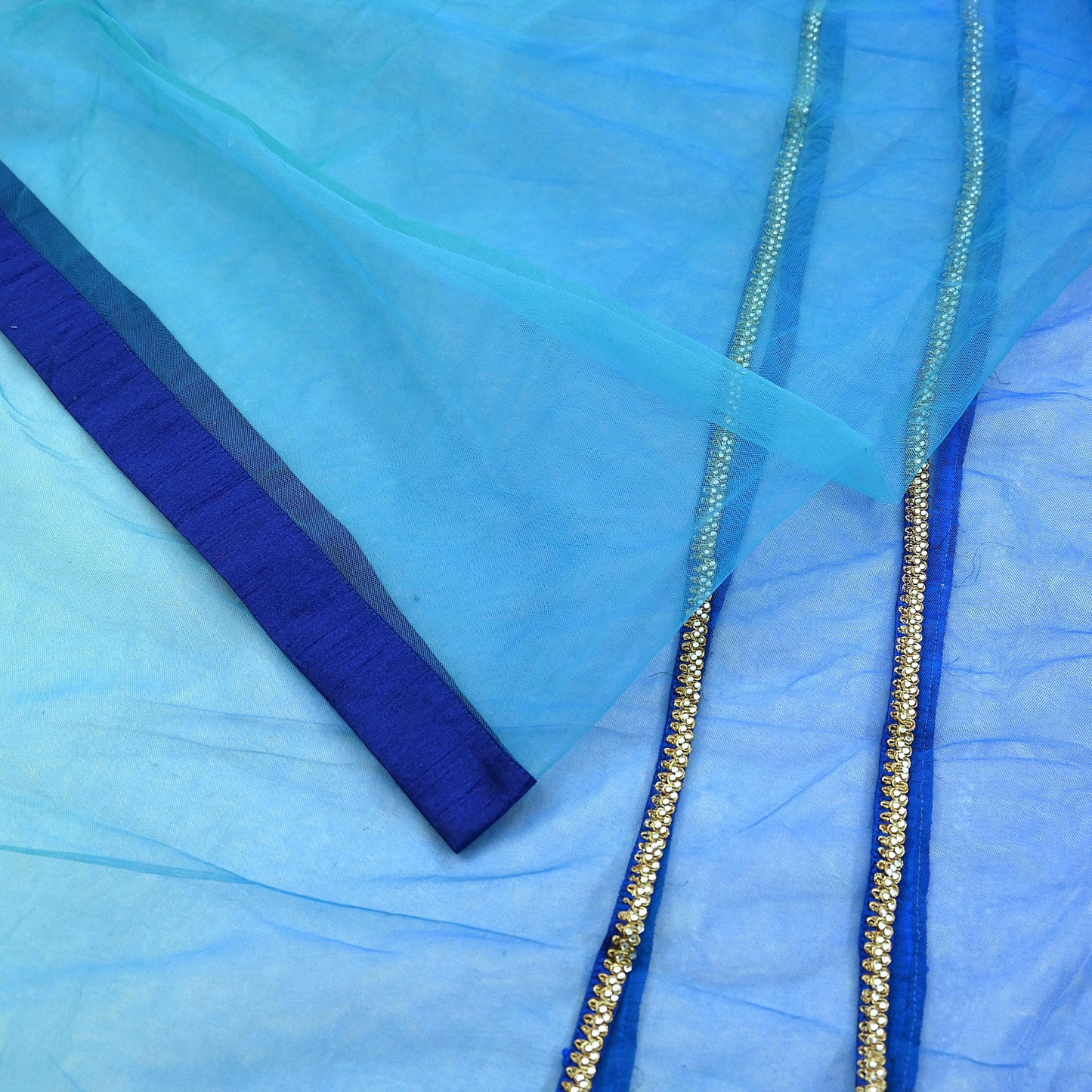 Indian Vintage Light Blue & Green Net/Mesh Design Fabric Dress Designing Sari Fabric Dressmaking For Craft Floral design 3yards