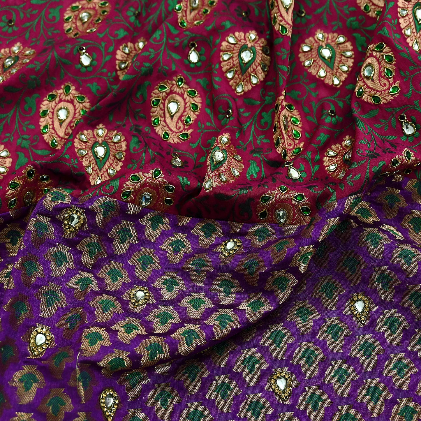 Indian Pink & Purple Chanderi Hand Hand Embroidred/Woven Brocade Banarasi Zari Design Fabric 110"X17" Used in Different Designing