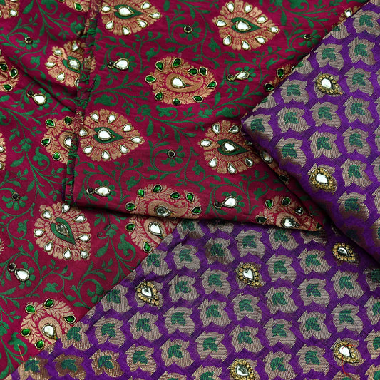 Indian Pink & Purple Chanderi Hand Hand Embroidred/Woven Brocade Banarasi Zari Design Fabric 110"X17" Used in Different Designing