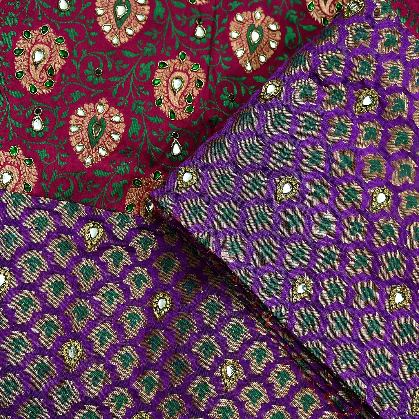 Indian Pink & Purple Chanderi Hand Hand Embroidred/Woven Brocade Banarasi Zari Design Fabric 110"X17" Used in Different Designing