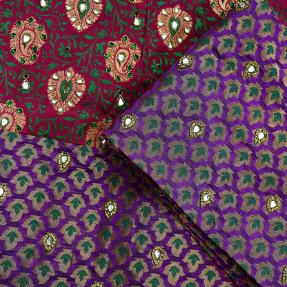 Indian Pink & Purple Chanderi Hand Hand Embroidred/Woven Brocade Banarasi Zari Design Fabric 110"X17" Used in Different Designing