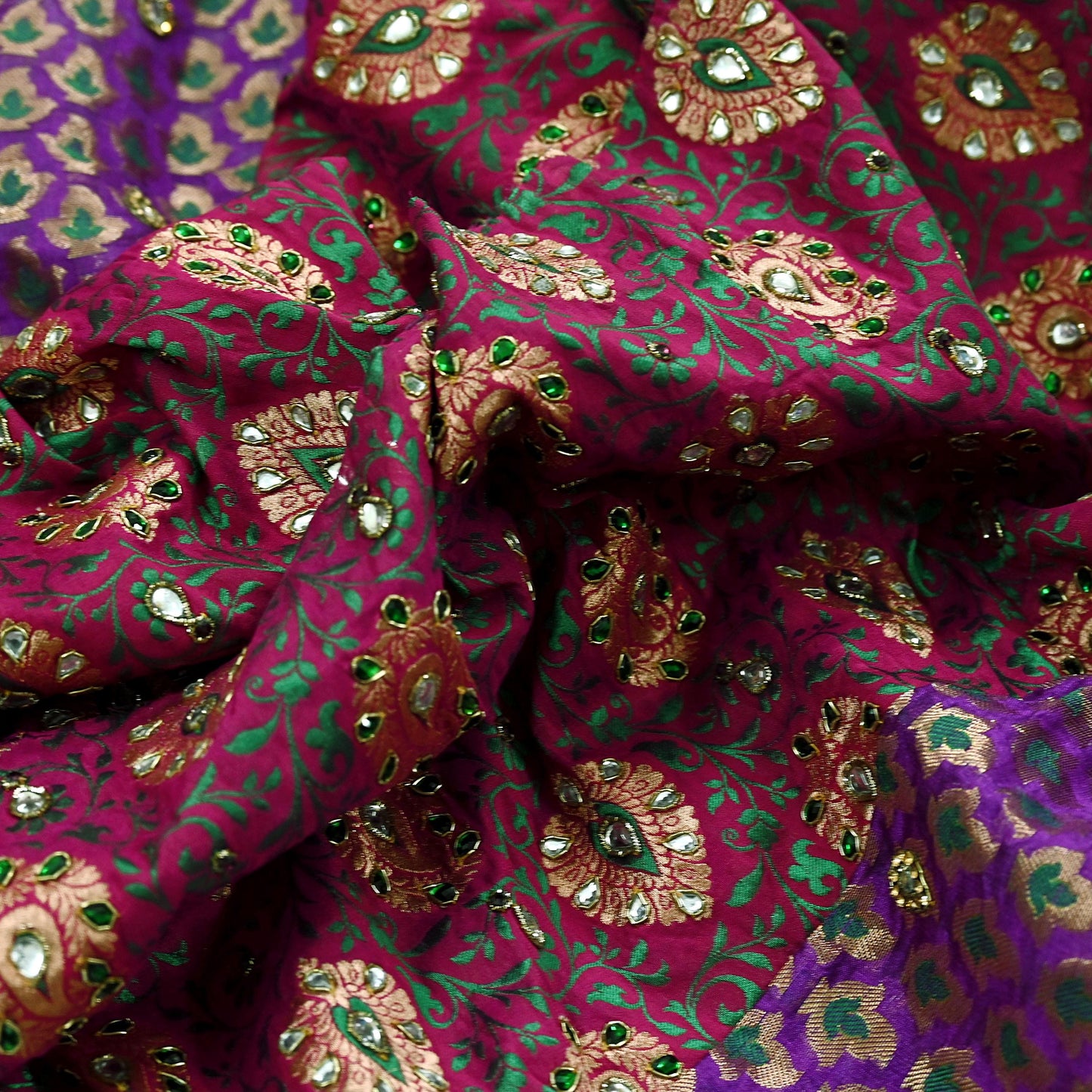 Indian Pink & Purple Chanderi Hand Hand Embroidred/Woven Brocade Banarasi Zari Design Fabric 110"X17" Used in Different Designing