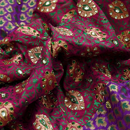 Indian Pink & Purple Chanderi Hand Hand Embroidred/Woven Brocade Banarasi Zari Design Fabric 110"X17" Used in Different Designing